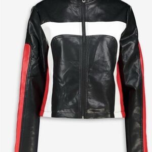 Stoosh Black, White & Red Faux Leather Moto Jacket